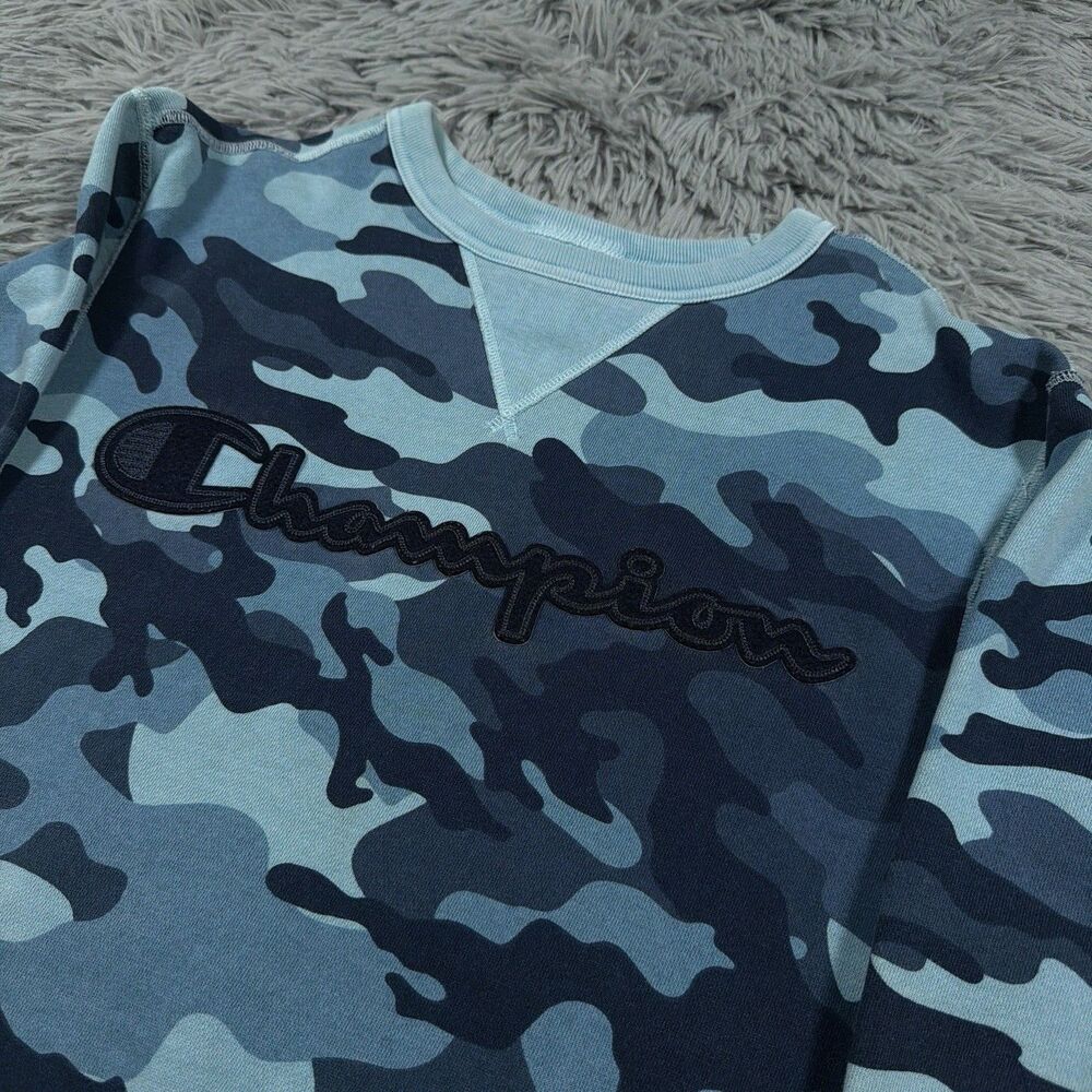 Champion Sweatshirt Small Blue Camo Center Logo Athletic Wear Pullover Mens